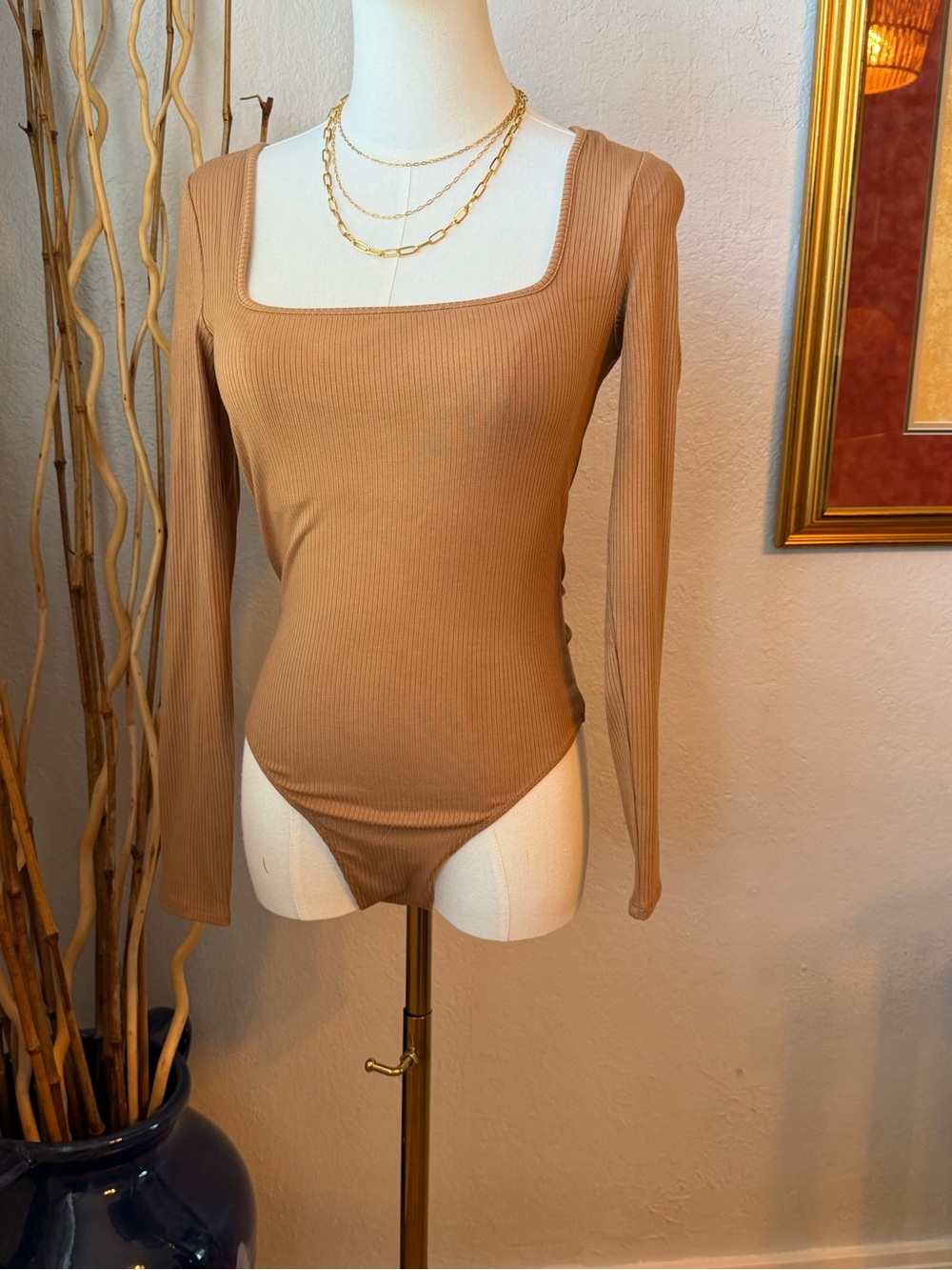 NWT L Space Ribbed Square-Neck Long Sleeve Bodysuit - Camel Small